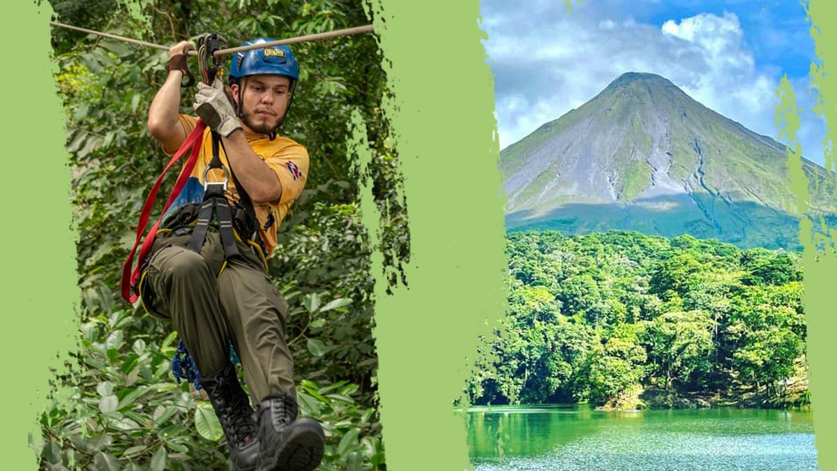 Person zip-lining through a lush forest, with a background of a mountain and a lake.