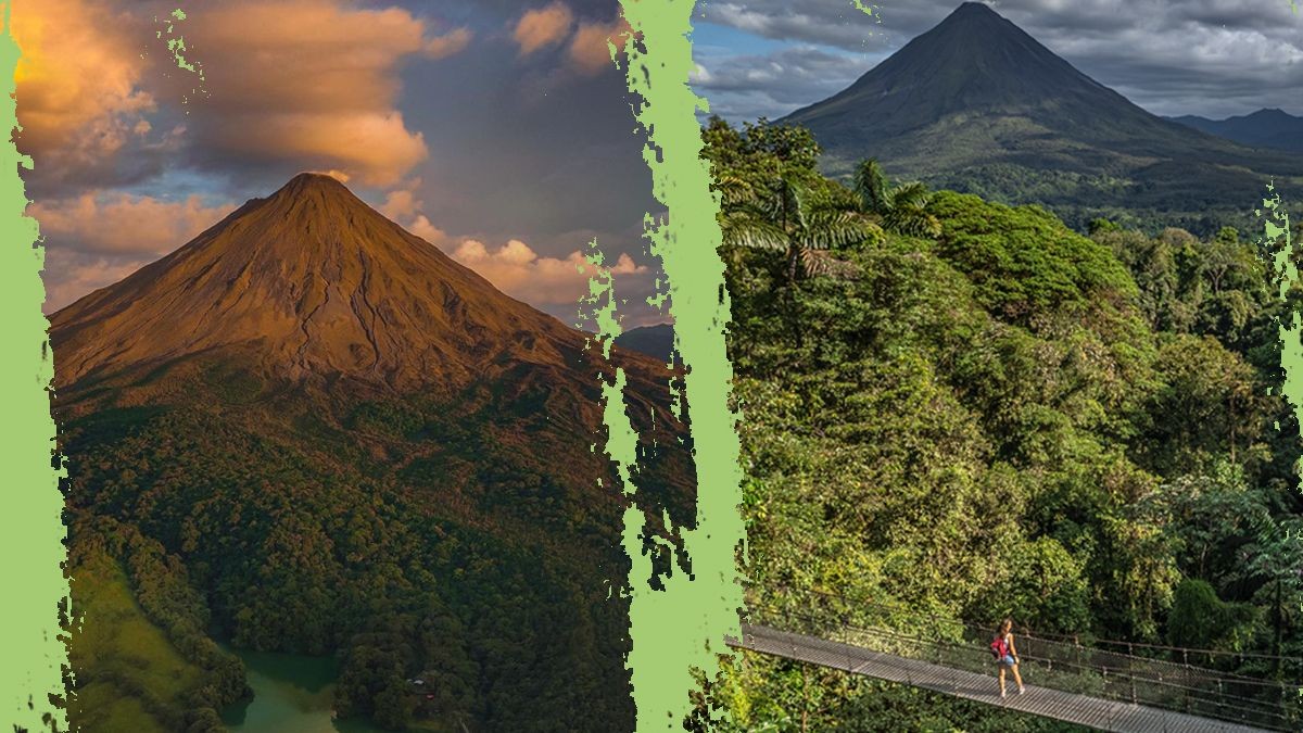 Scenic views of a volcano and a person walking on a bridge in a lush forest.