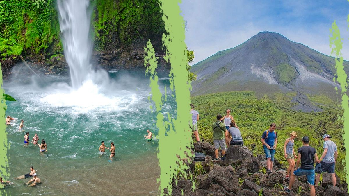 People swimming by a waterfall and hiking near a mountain.