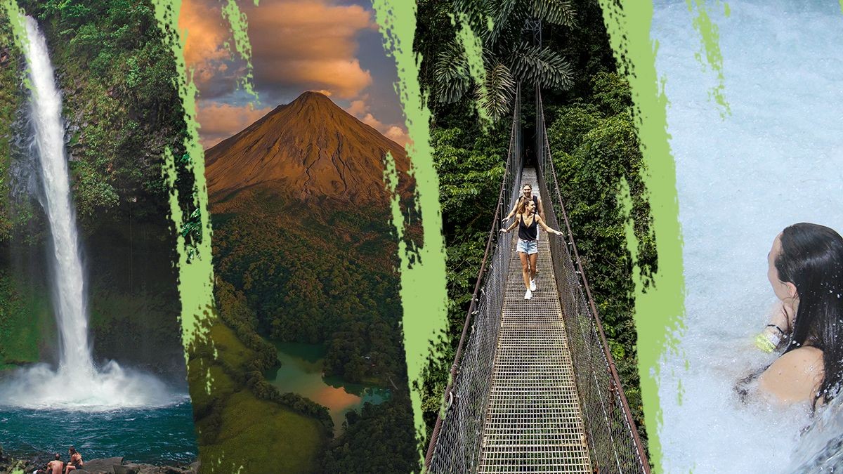 Waterfall, volcano, person on a suspension bridge, and woman in hot springs.