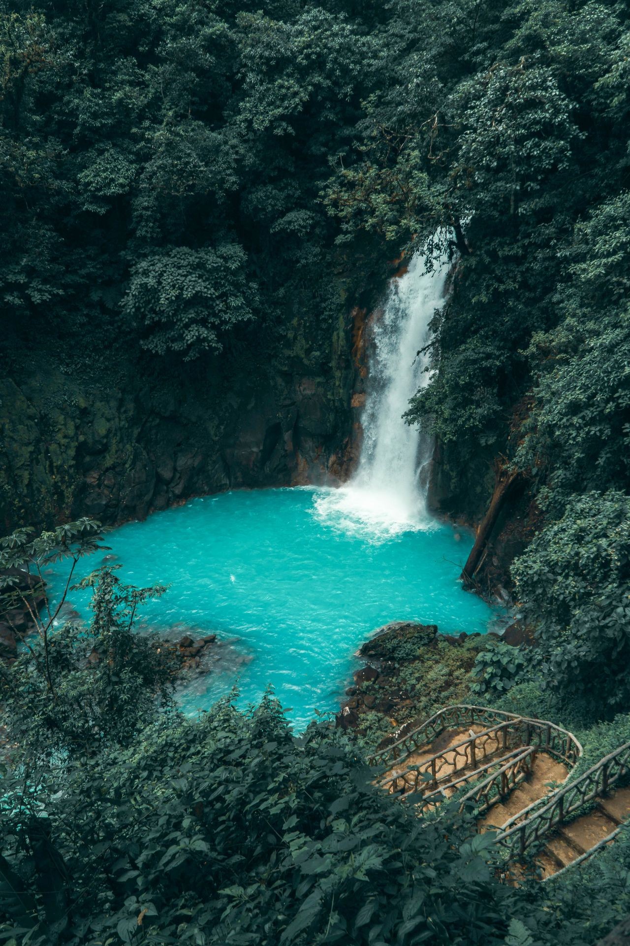 Scenic waterfall cascading into a turquoise pool surrounded by lush green forest with wooden stairs leading down.