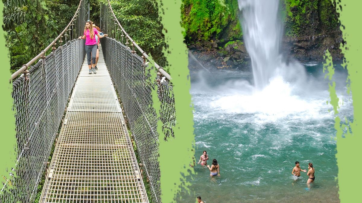 People on a suspension bridge in a lush forest and others swimming near a waterfall in clear water.